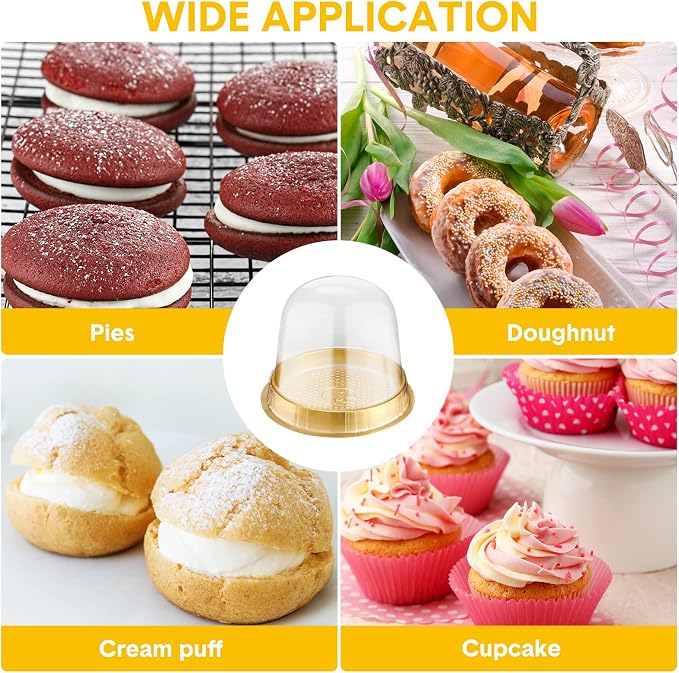 Mimorou Individual Cupcake Boxes Clear Plastic Cupcake Containers Disposable Single Holder with Lid Tall Cake Carrier 5.3 Inch Diameter 4.3 Inch Height with Stickers for Wedding(Gold,200 Pcs)