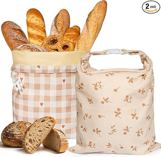 Beeswax Bread Bags for Sourdough, 2 pcs Reusable XL Zipper Beeswax Bread Bags for Homemade Bread Sourdough, Cotton Linen Food Storage Bag for Picnics, Pantry, Long-Lasting Freshness (Rose+Checkered)