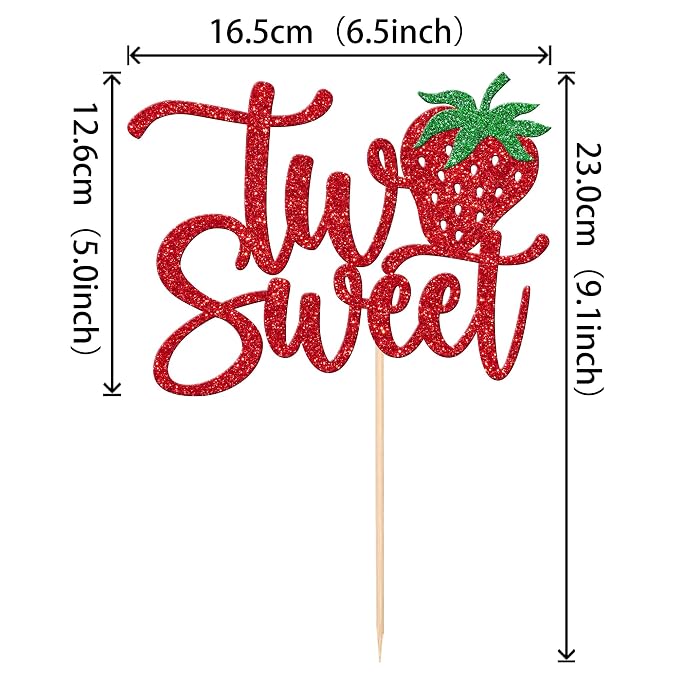 1 PCS Two Sweet Strawberry Cake Topper Red Glitter Strawberry Sweet Two Cake Pick Berry 2nd Birthday Cake Decoration for Strawberry Theme Baby Shower Kids Second Birthday Party Decorations Supplies