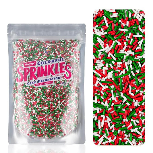 Christmas Sprinkles Bulk 1lb - Red Green White Jimmies for Baking, Holiday Cake & Cookie Decorating, Edible Dessert Toppings for Cupcakes, Ice Cream, Brownies