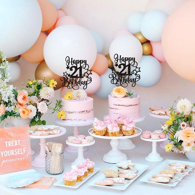 1 PCS Happy 21st Birthday Cake Topper Glitter Cheers to 21 Years Birthday Cake Pick Hello 21 Fabulous Cake Decoration for Happy 21st Birthday Anniversary Party Decorations Supplies Black