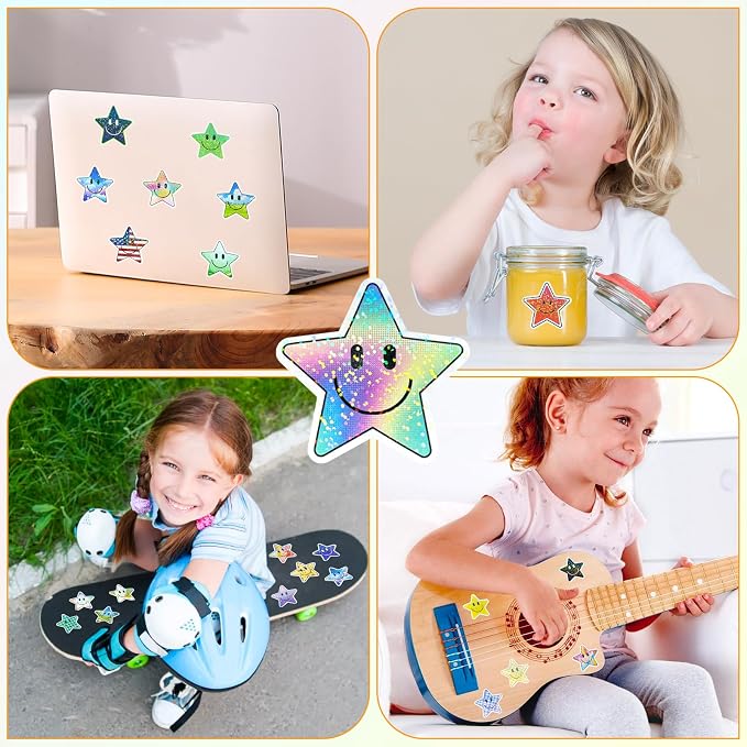 50PCS Smile Star Stickers, Glitter Stickers | Cute Water Bottle Stickers for Kids, Teaching Rewards, Notebooks, Stationery, Luggage, Cartoon PVC Smile Face Stickers