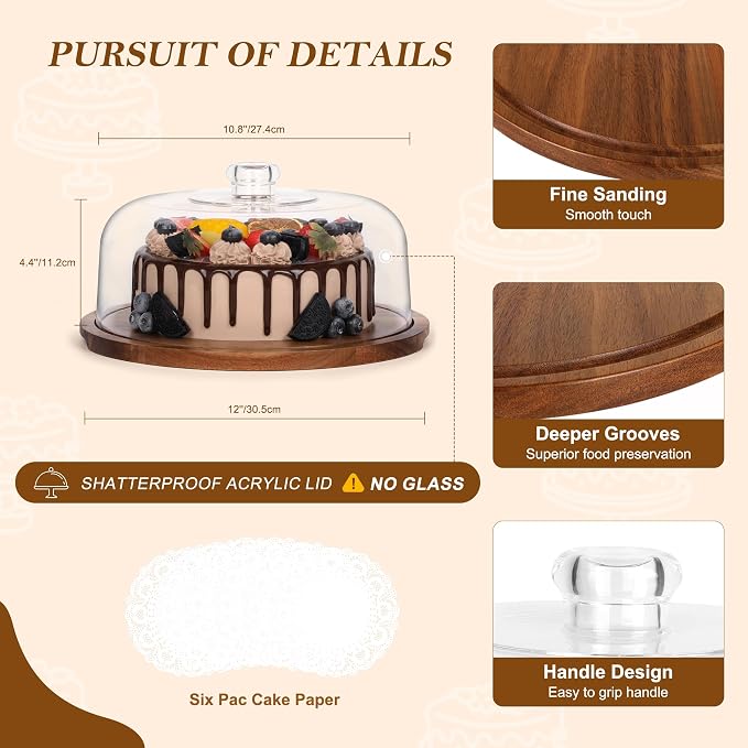 Bellsal Cake Stand with Clear Acrylic Dome Lid, 12in Acacia Wood Cake Holder with Lid, Cake Plate with Lid for Baking Gifts, Cake Display Server Tray for Birthday Party Weddings, Women Gift