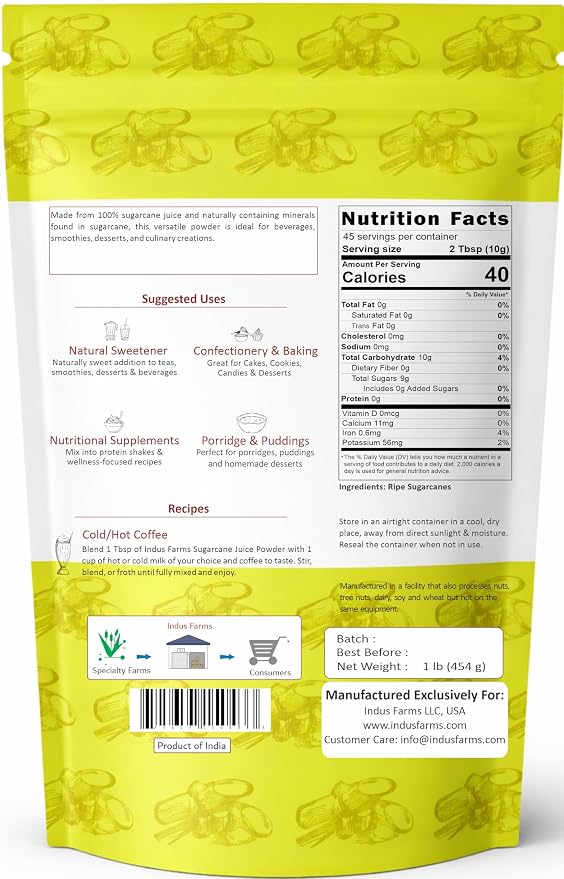 Indus Farms Freeze-Dried Sugarcane Juice Powder, Single Ingredient Made from Real Sugarcane Juice, No Additives or Preservatives, For Smoothies, Baking, Desserts & Beverages, 1 LB