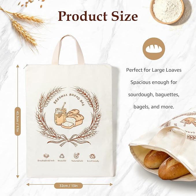 2 Pack Beeswax Bread Bags for Sourdough, 17x13 Inch Reusable Cotton Bread Storage Bags with Zipper and Handle Natural Beeswax Lining Freezer Friendly with 10 Food Labels Included (Wheat Wreath)