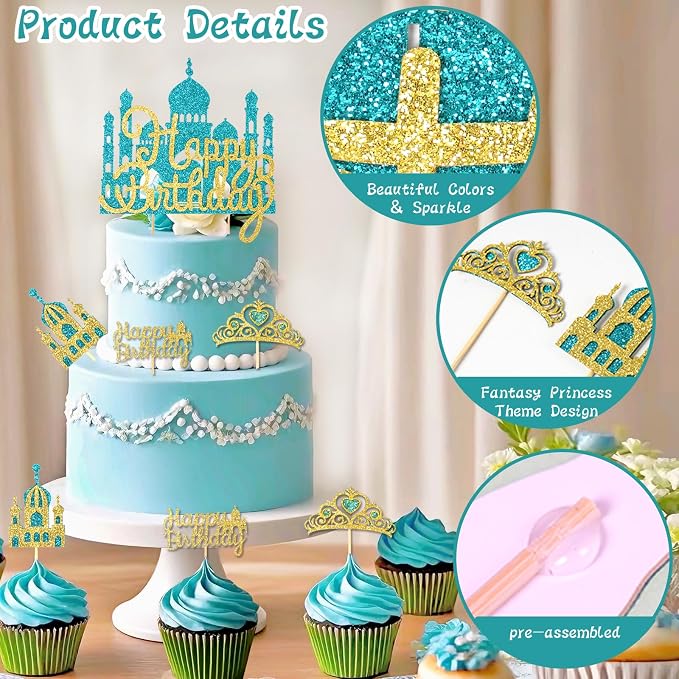 2Pcs Lake Blue Princess Cake Toppers Glitter Happy Birthday Cake Picks Castle Decorations for Girls Princess Birthday New Year Party Supplies