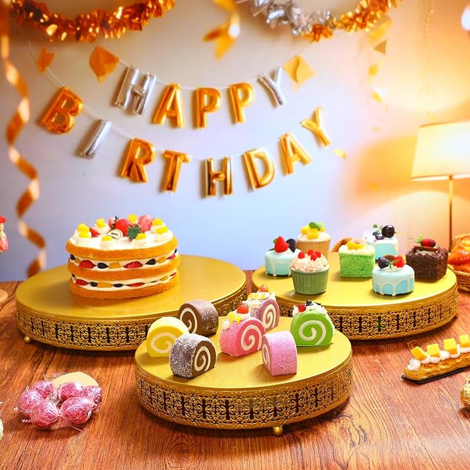 Wenqik 3 Pack Round Metal Cake Stands 12" 14" 16" Dessert Display Cupcake Stands Elegant Display Plate for Wedding Birthday Party Event Anniversary and Table Decoration, Gold
