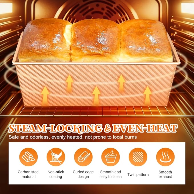 Bread Pan with Lids, 1Lb Dough Capacity, Non-Stick Carbon Steel Pullman Loaf Pan for Baking, Professional Toast Box Mold- Gold