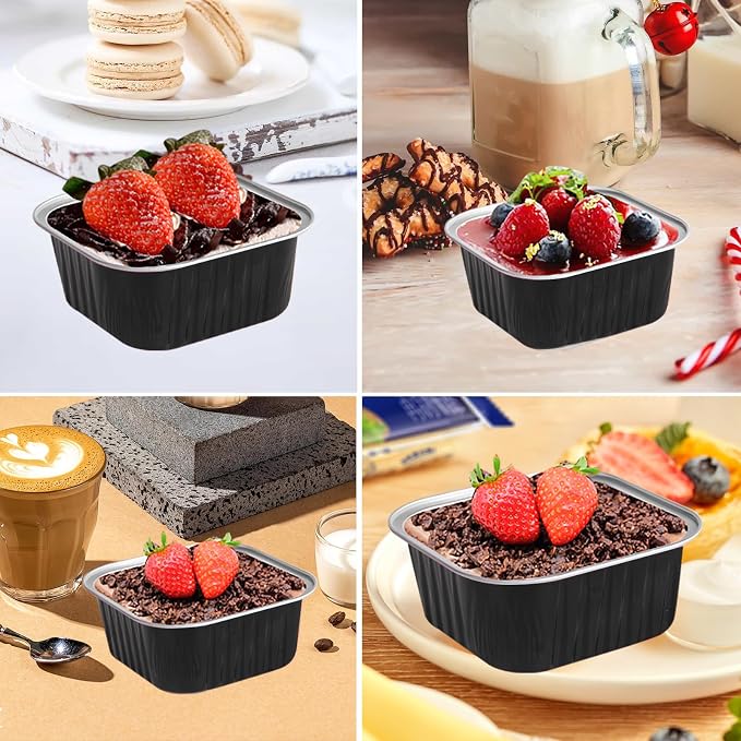 50 Pcs Mini Square Baking Cups with Lids,5oz Aluminum Foil Mini Cake Pans with Lids,Disposable Ramekins Cake Pans,150ml Dessert Cups Cupcake Pans for Wedding Birthday Party,Black Sliver