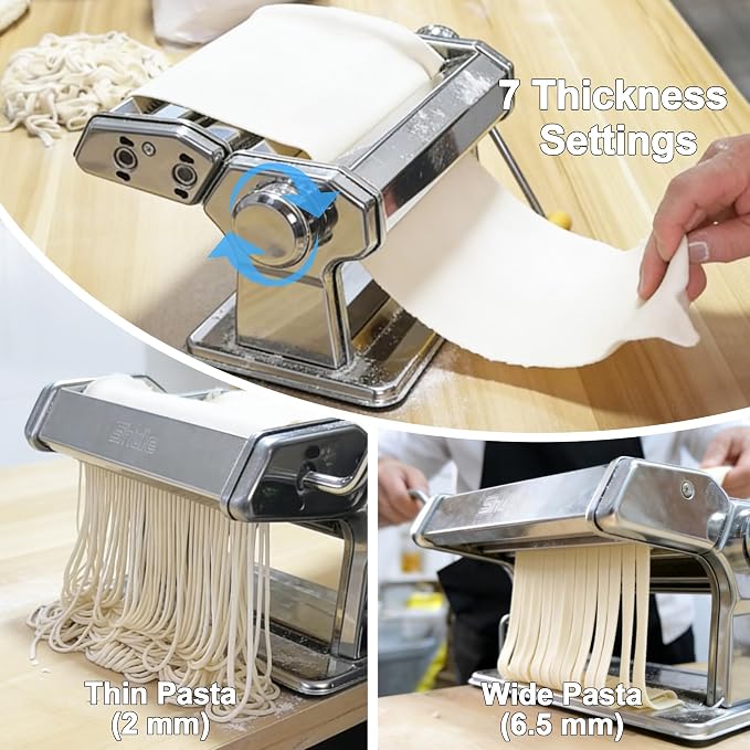 Pasta Maker Machine With 7 Adjustable Thickness Settings, Stainless Steel Manual Noodle Maker,Pasta Roller& Cutters With Removable Handle and Clamp For Kitchen （All-in-One ）