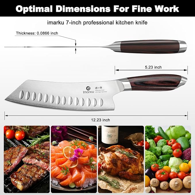 imarku Santoku Chef Knife 7 Inch, Ultra Sharp High Carbon Stainless Steel Japanese Kitchen Knife with Hollow Edge | Ergonomic Pakkawood Handle, Gift Box for Meat/Vegetables/Tomatoes & Daily Cooking
