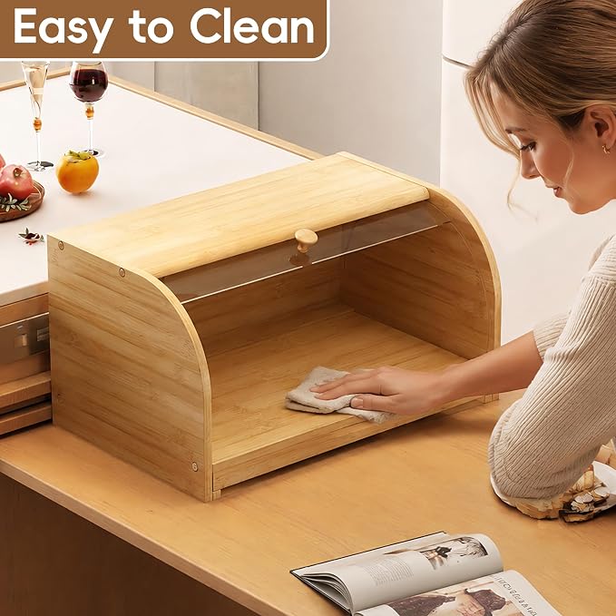 Roll Top Bread Container for Kitchen Countertop, Bamboo Bread Box with Clear Lid, Bread Container Storage（Bamboo with cutting board）