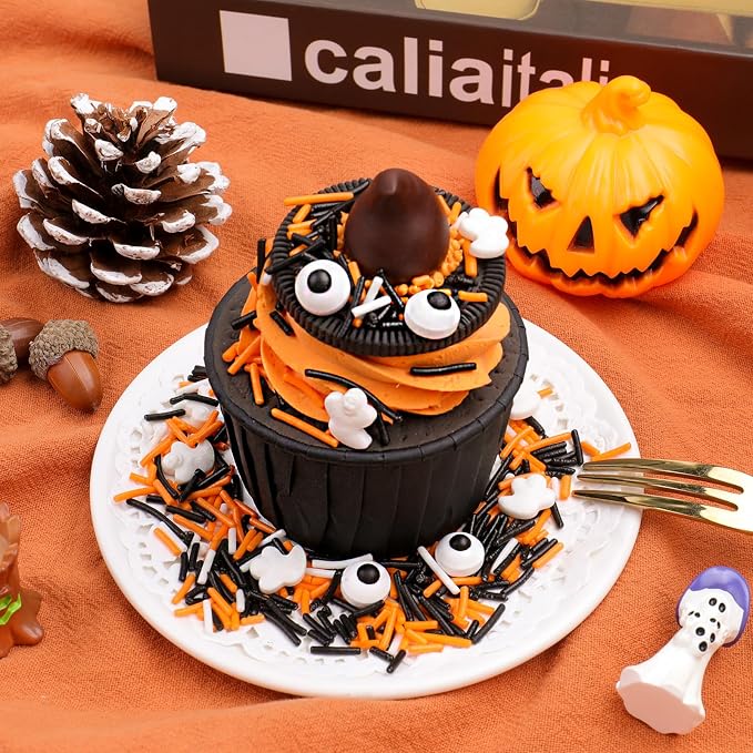 Halloween Sprinkles, Edible Candy Eyes Ghost Mix Halloween Cake Decorations, 4.6oz Black White Orange Jimmies Sprinkles for Cake Decorating