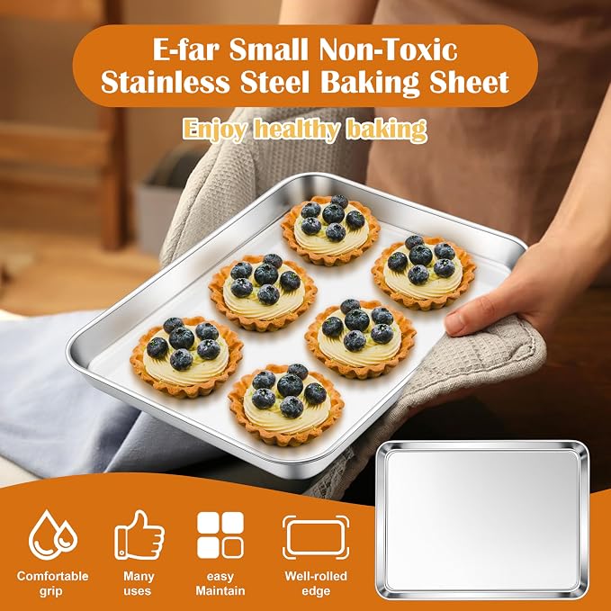 E-far Small Baking Sheet, 10.5”x8.3” Stainless Steel Toaster Oven Tray, Compact Non-toxic Metal Baking Pan for Cookie & Cake, Healthy & Rust Free, Mirror Finish & Dishwasher Safe, 1 Pack