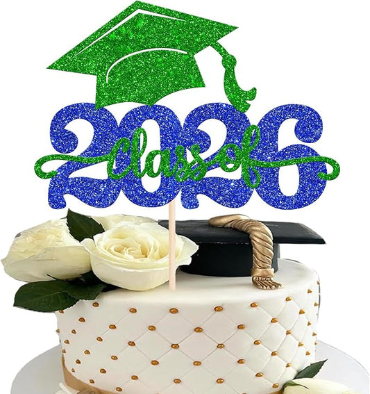 1 Pack Class of 2026 Cake Topper Glitter Congrats Grad Cap 2026 Graduation Cake Pick for 2026 Graduation Theme High School Boys Girls Graduate Party Cake Decorations Supplies Blue Green