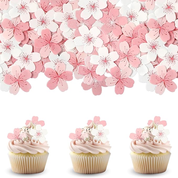 60 Pcs Edible Cherry Blossom Cake Decorations Edible Flowers Cupcake Topper Wafer Paper Flowers Cake Toppers for Cherry Baby Shower Kids Birthday Party Food Decorations Supplies Pink