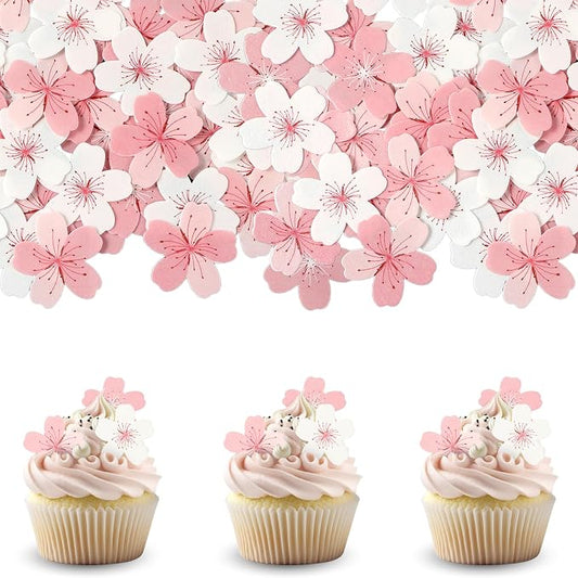 60 Pcs Edible Cherry Blossom Cake Decorations Edible Flowers Cupcake Topper Wafer Paper Flowers Cake Toppers for Cherry Baby Shower Kids Birthday Party Food Decorations Supplies Pink