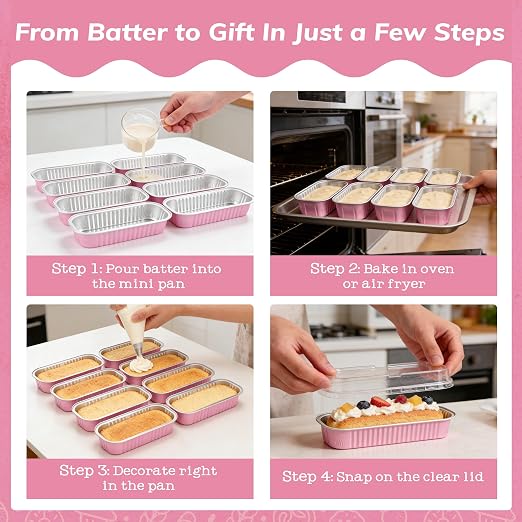 NPLUX Mini Cake Pans with Lids, Spoons and Stickers, 200 Pack 6.8 oz Pink Disposable Aluminum Foil Baking Pans, Rectangular Mini Loaf Containers for Brownies, Cheesecake, Banana Bread and Bake Sale