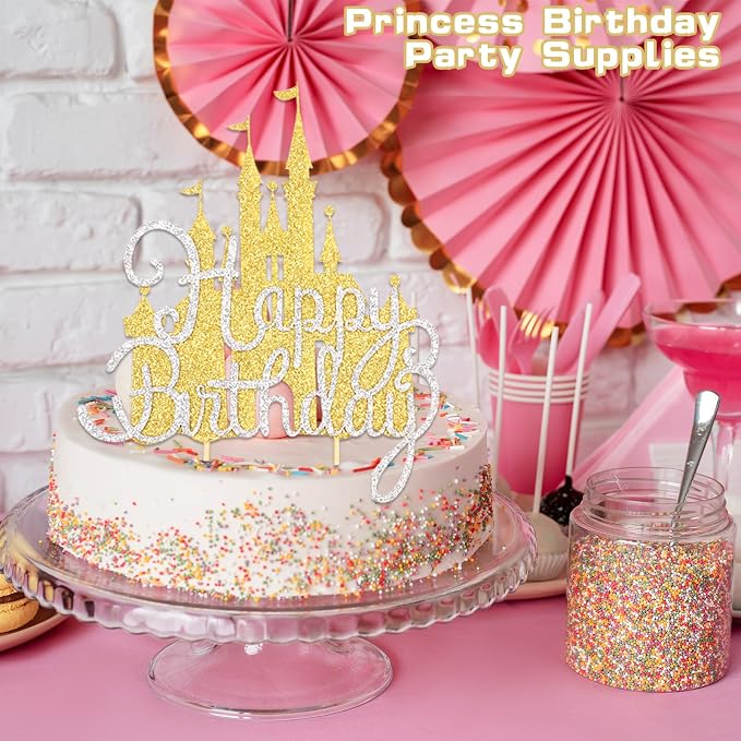 2Pcs Gold Princess Cake Toppers Silver Happy Birthday Cake Toppers Glitter Party Picks for Girls Princess Birthday Party New Year Supplies