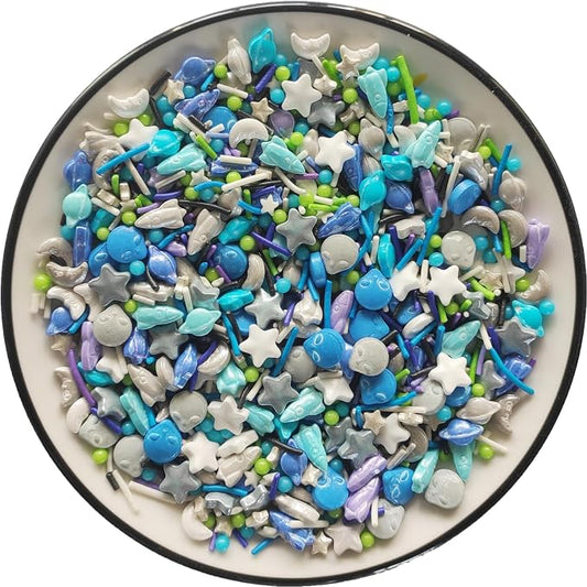 Edible Alien Space Themed Planet Rocket Moon Sugar Sprinkles Spacecraft Dessert sprinkles Star Cake Cupcake Toppers Pearls cookie decorations for cake Decorating, 3.35 Ounce(Silver)