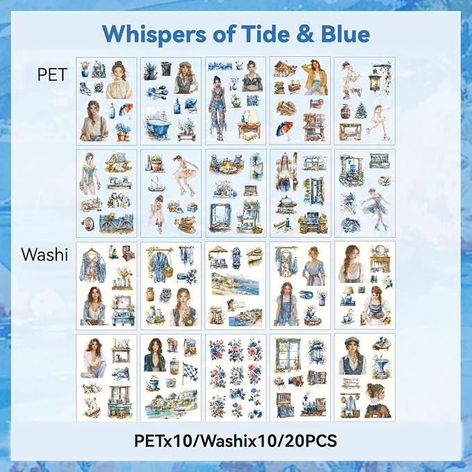 Tidal Blue Whisper Sticker Scrapbooking Supplies for Junk Journal, 20 Sheets PET Stickers - Vintage Journaling Stickers