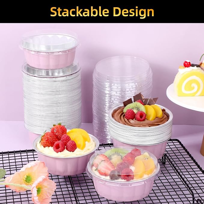 Beasea 8oz Disposable Ramekins with Lids, 120 Pack 235ml Aluminum Foil Baking Cups, Round Muffin Mini Creme Brulee Cups Tins Individual Cupcake Containers for Party Wedding - Pastel Pink