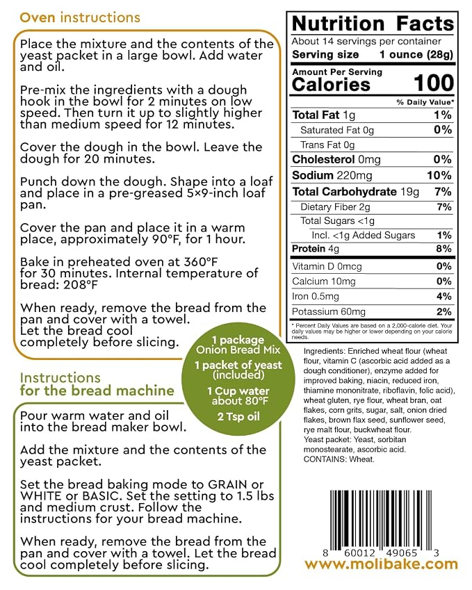 Molibake Onion Bread Mix – Premium All-Natural Baking Mix for Bread Machine and Oven – 14 oz – Gourmet Blend with Dried Onion Flakes, Sunflower Seeds, Rye Malt Flour – Easy-to-Use Breads Maker Mix for Homemade Baking