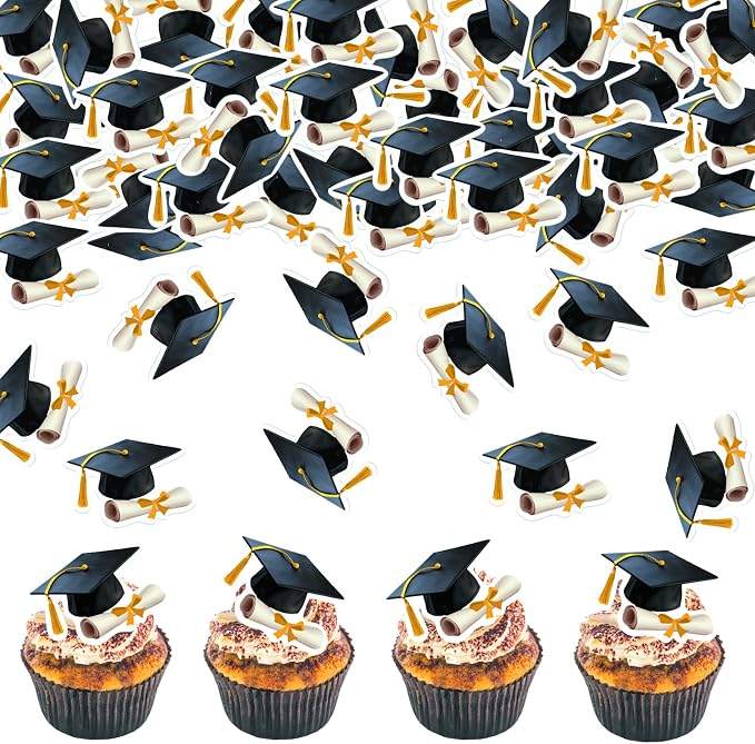 48pcs Edible Graduation Cap Cupcake Toppers Wafer Paper Gold Grad Cap Diploma Cake Decorations Edible Grad Cap Cupcake Picks for 2026 Graduation Theme Party Cake Decor Supplies