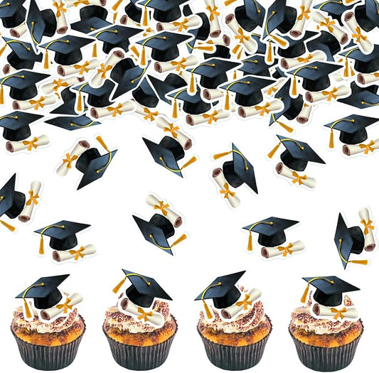 48pcs Edible Graduation Cap Cupcake Toppers Wafer Paper Gold Grad Cap Diploma Cake Decorations Edible Grad Cap Cupcake Picks for 2026 Graduation Theme Party Cake Decor Supplies