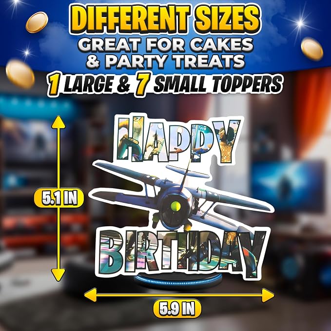 Video Game Cake Topper with 7 Action Figures & Large Logo - Sturdy Cardboard Cake Decorations, Easy Adjustment & Firm Installation - Creative Happy Birthday cake Toppers for Boys & Girls