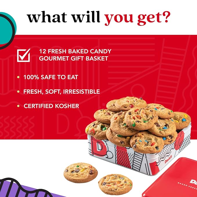 David's Cookies Fresh Baked Candy Cookies Gift Basket – 1lb Gourmet Dessert Tin – Soft and Chewy Sweet and Crunchy Cookies for Holiday, Birthday, Thank You, or Corporate Gift