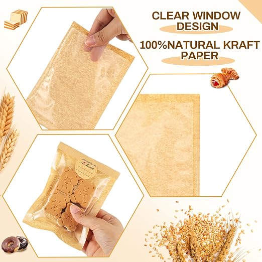 Outus 100 Pcs Cookie Packaging Bags with Seal, 4 x 6 Inch Bakery Pastry Bags with Window, Heat Sealable Grease Resistant Paper to Go Bake Sleeves for Gift Giving Donut Bread Sandwich (Brown)