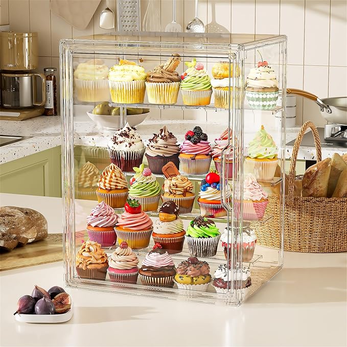 4 Tier Cupcake Stand Acrylic Cardboard Cupcake Tower Holder, Dessert Pastry Cookie Display Stand Case with Lid for Birthday Wedding Party Decoration, Large Adjustable Bread Box, XL