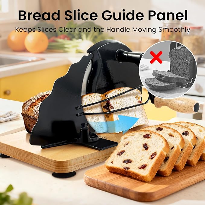 Manual Bread Slicer for Homemade Bread, Stainless Steel Slicers Serrated Blade Design, Adjustable Slice Thickness with Metal Guide, Hand Crank Bread Slicer with Scale Line and Suction Cup(Black)