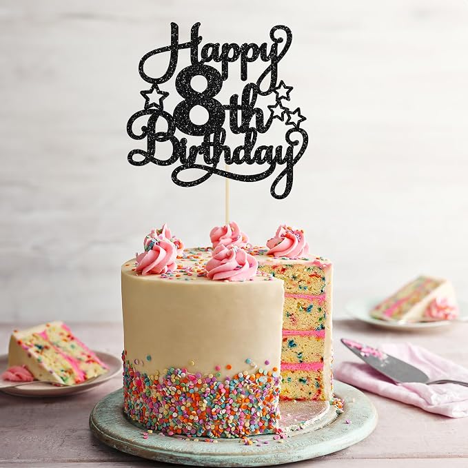 1 Pack Happy 8th Birthday Cake Topper Black Glitter 8th Birthday Cheers to 8 Years Old Birthday Cake Pick for Celebrating Birthday Anniversary Party Cake Decorations Supplies
