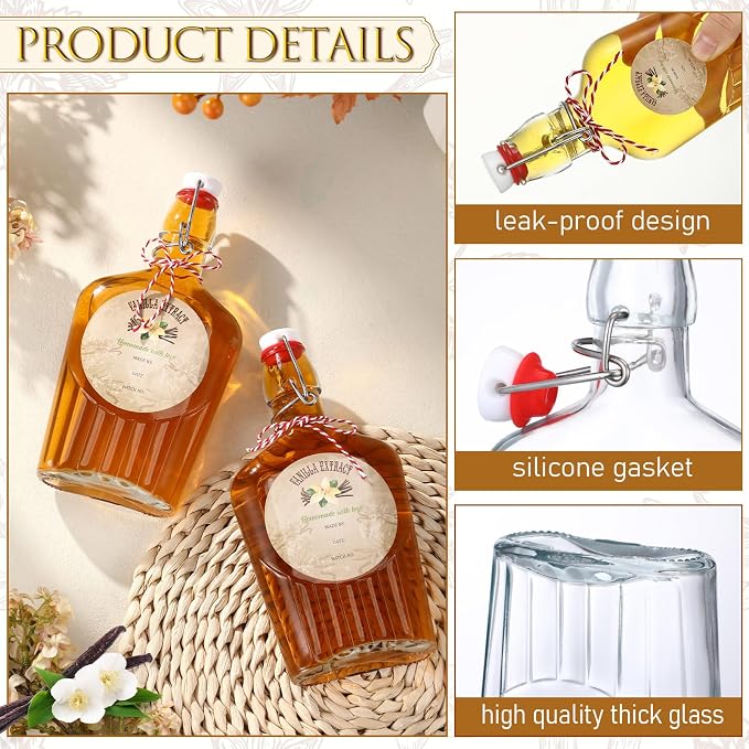 Uiifan 2 Pack 12 oz Vanilla Extract Bottles with Swing Top Flask Whiskey Pocket Clear Glass Flask for Homemade Vanilla Extract Lemon Kombucha Water Apply Christmas Wedding Gift (Clear)