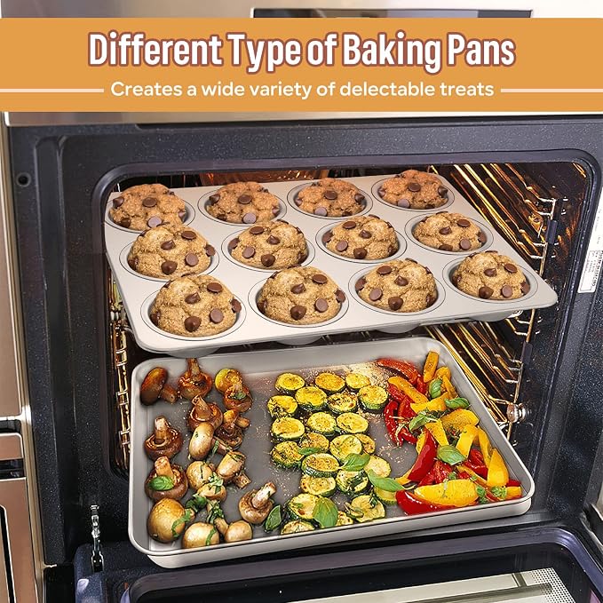 E-far 10-Piece Baking Pans set, Stainless Steel Bakeware Set for Oven, Include Cake Pan/Baking Cookie Sheet/Pizza/Muffin/Loaf Pan, Non-Toxic & Heavy Duty, Dishwasher Safe