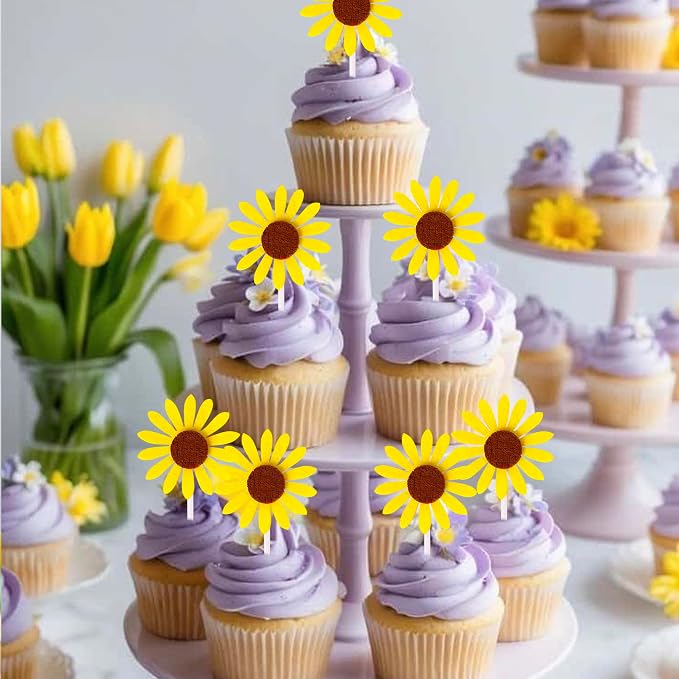 30 Pack Sunflower Cupcake Toppers Glitter Baby Shower Sunflower Cupcake Picks for Gender Reveal Theme Baby Shower 1st Birthday Party Cake Decorations Supplies Yellow