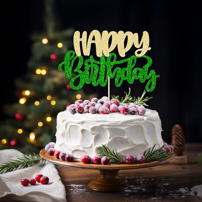 Gyufise 1Pcs Happy Birthday Cake Topper Glitter Happy Birthday Cake Pick for Christmas Theme Wedding Anniversary Theme Party Cake Decorations Supplies Green Gold