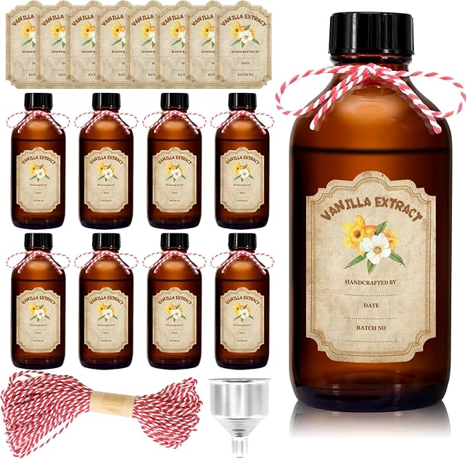 8 Pack 4 Ounce Amber Glass Bottle with Lids Vanilla Extract Homemade Brown Bottle 4 oz and 8 Pcs Vanilla Extract Stickers for Syrup Gift Glass Food Storage Canister Set Sauce Beans