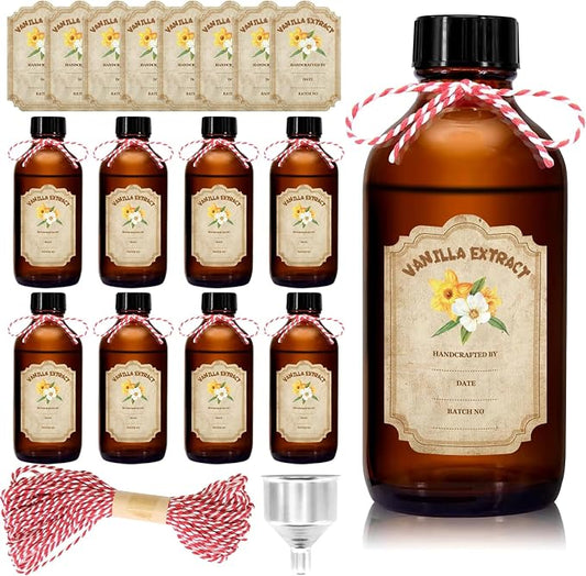8 Pack 4 Ounce Amber Glass Bottle with Lids Vanilla Extract Homemade Brown Bottle 4 oz and 8 Pcs Vanilla Extract Stickers for Syrup Gift Glass Food Storage Canister Set Sauce Beans