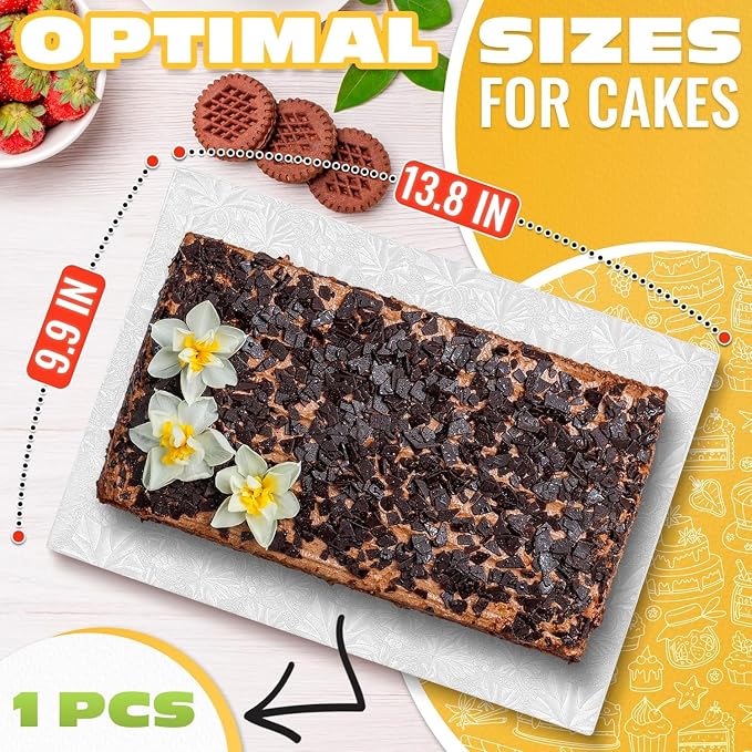Cake Board Rectangle 13.8" x 9.9"x1/2" – Quarter Sheet Cake Drum with Double-Wall Corrugated Design, Grease-Resistant Foil, Smooth Edges – White Display for 4th of July Cakes, Pastries & Desserts