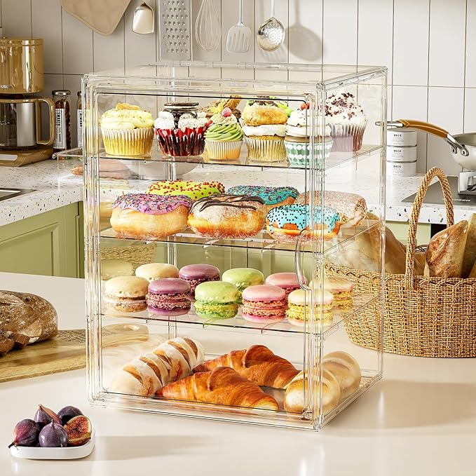 4 Tier Cupcake Stand Acrylic Cardboard Cupcake Tower Holder, Dessert Pastry Cookie Display Stand Case with Lid for Birthday Wedding Party Decoration, Large Adjustable Bread Box, XXL
