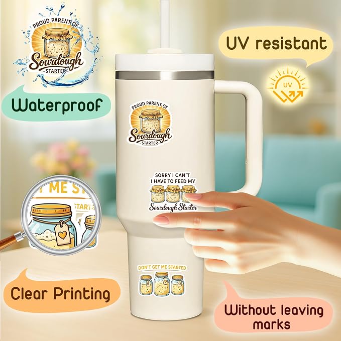 (4 Pcs) Funny Sourdough Stickers – Waterproof UV DTF Vinyl Sourdough Stickers, Funny Baking Stickers, Bread Stickers for Water Bottles, Laptop & Packaging, Sourdough Bread Stickers for Bakers, Kitchen