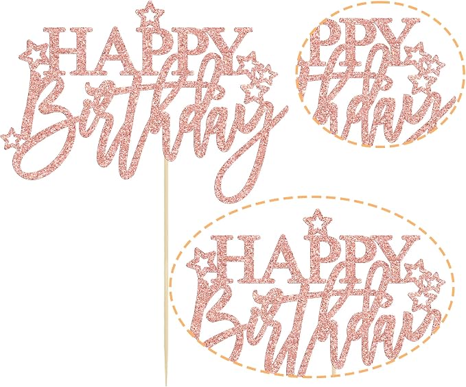 Gyufise 1Pcs Happy Birthday Cake Topper Glitter Cake Pick for Celebrating Anniversary Theme Party Cake Decorations Supplies Light Rose Gold