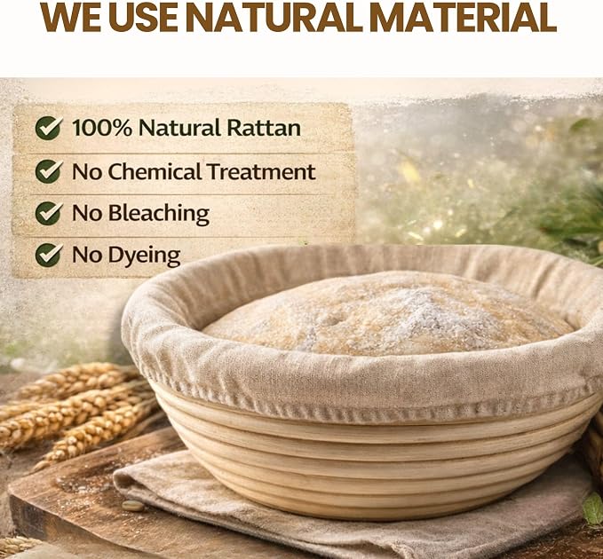 Banneton Sourdough Bread Proofing Basket, Premium AA-Grade, 9 Inch for Round, Boules Loaves, Vietnamese Banneton with Cloth Cover, Bread Lame Holder with 5 Blades