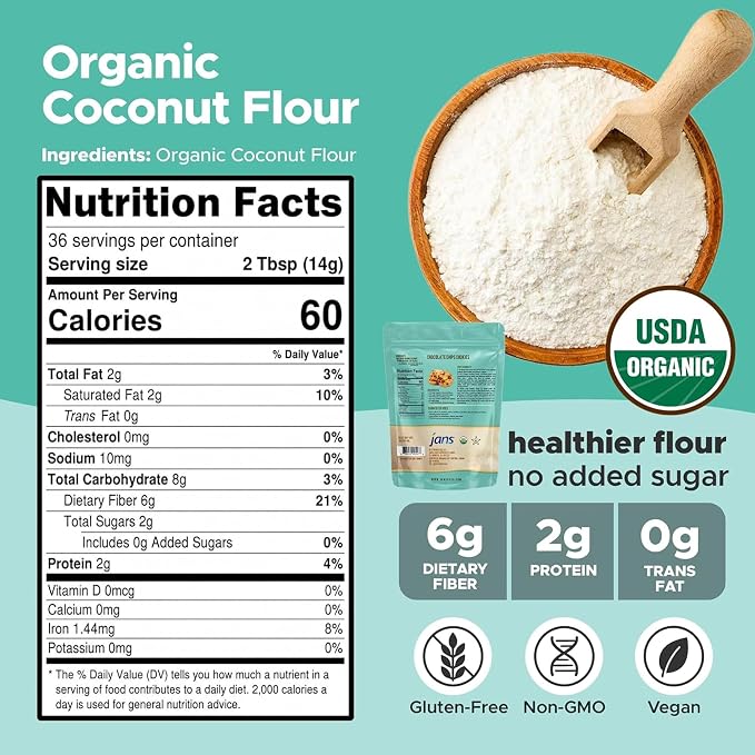 Jans Organic Coconut Flour, 1.1 lb – Gluten Free Coconut Flour, Keto & Paleo Friendly, High Fiber Low Carb Baking Flour Substitute, USDA Organic, Unbleached & Unrefined, Vegan