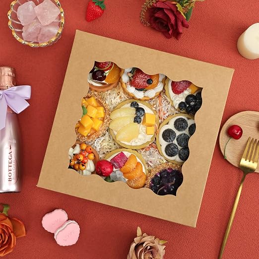 Moretoes 38pcs Pie Boxes, 10x10x2.5 Inches Auto-Popup Bakery Boxes with Window for Cookies, Treats, Cake, Pies, Chocolate Covered Strawberries, Macarons, Donuts, Muffins