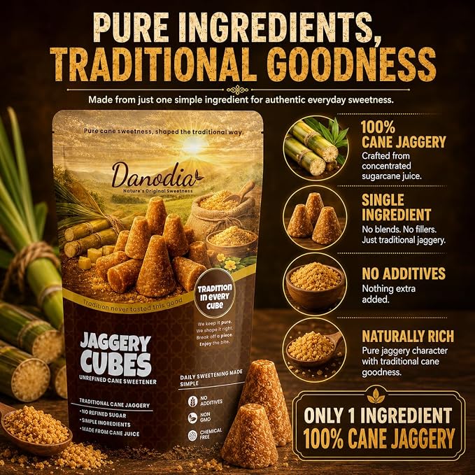 Danodia Foods Organic Jaggery Cubes, Cane Gur Sweetener, 1 lb Pack | Traditional sugarcane gur cubes for tea, coffee, cooking, baking, desserts and Indian pantry recipes; no preservatives used