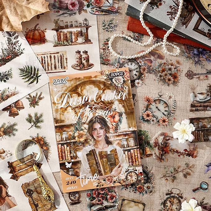 Dust-Locked Time Sticker Scrapbooking Supplies for Junk Journal, 20 Sheets PET Stickers - Vintage Journaling Stickers